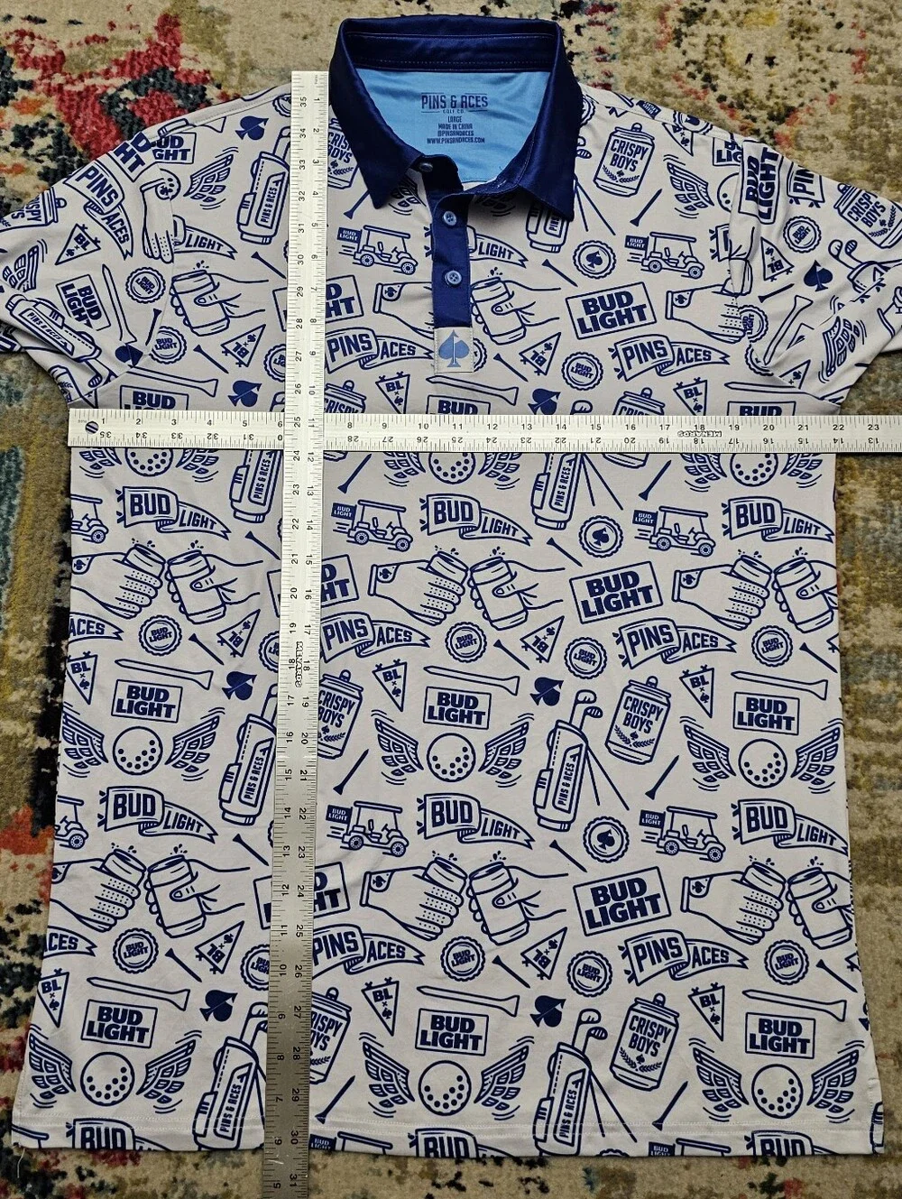 Pins & Aces Bud Light Crispy Boys Golf Polo Mens Large White Blue All Over Print